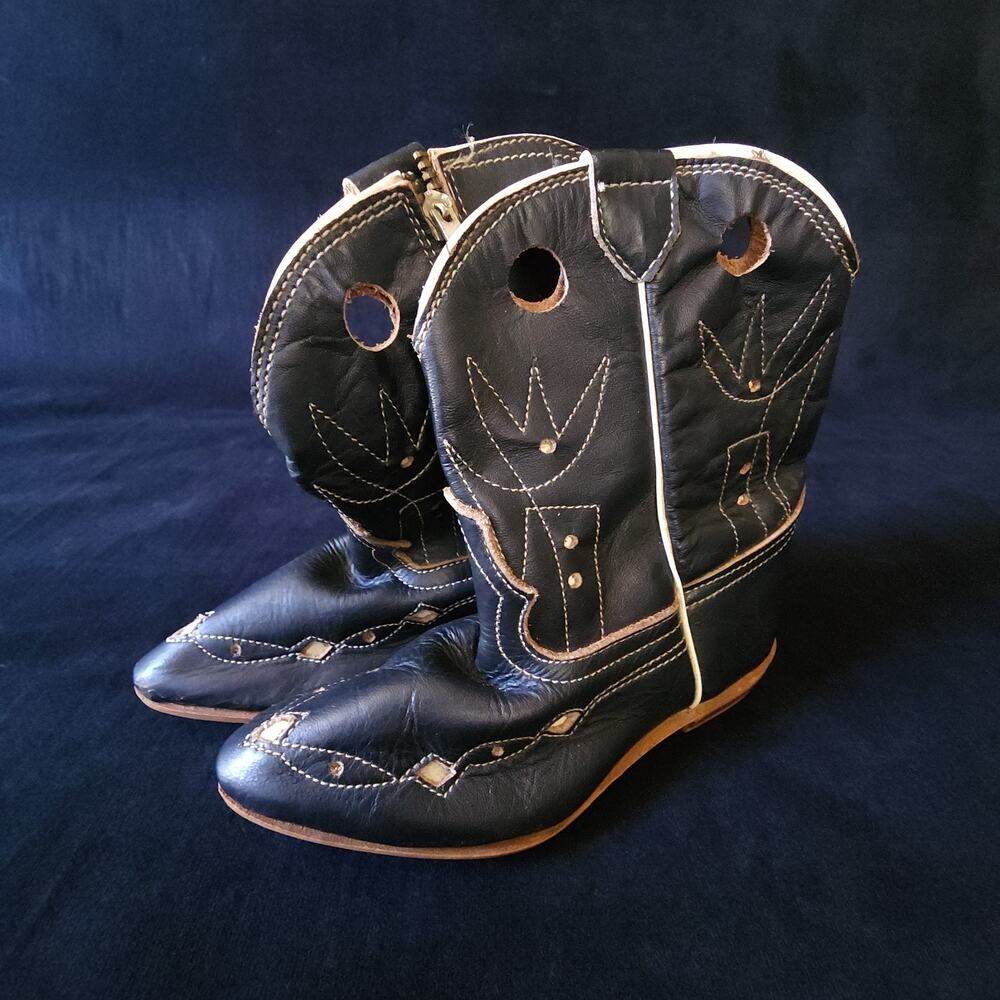 Vintage 50s Black Leather Toddler Cowboy Western Boots Collectible Size 6 Mexico